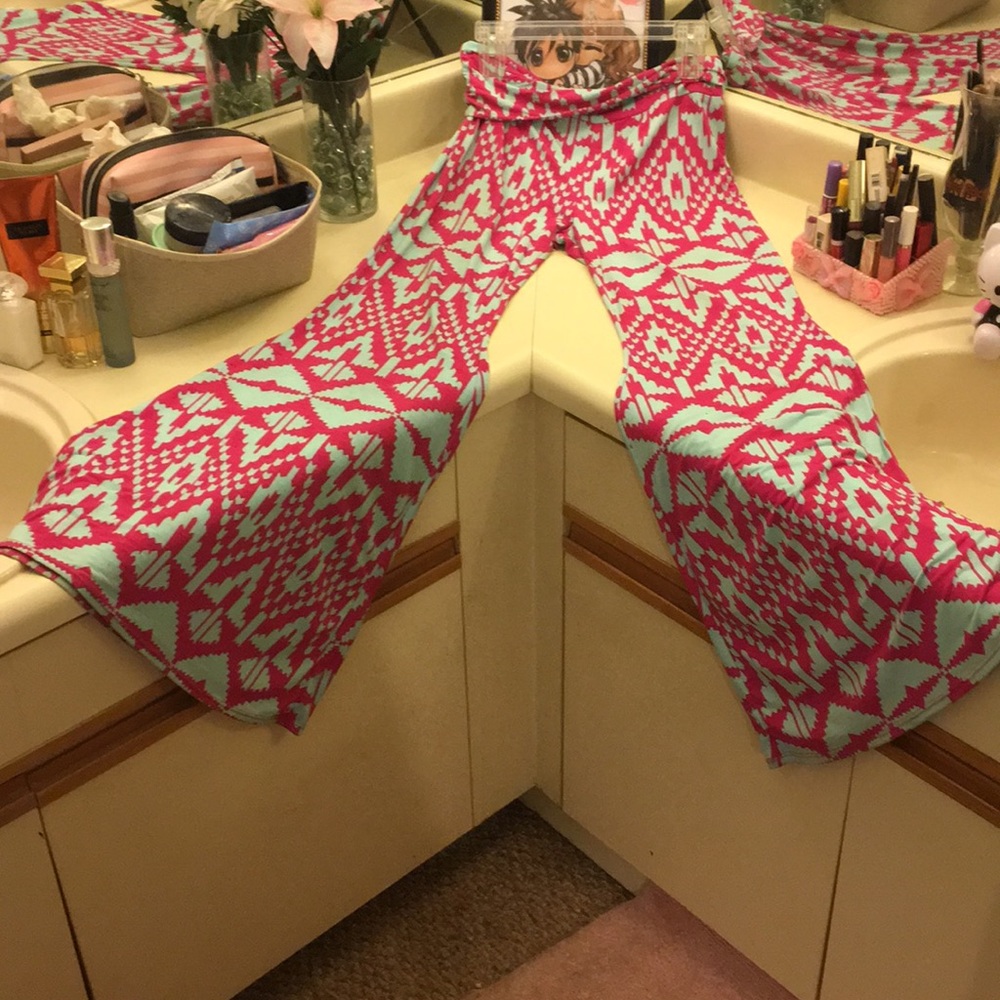 Bell bottom hot pink and mint pants